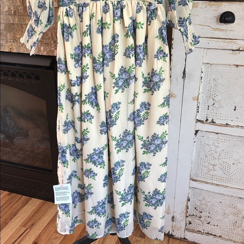 NWT ASOS midi smock dress w shirred cuffs creamy white floral print-multi - Picture 11 of 16